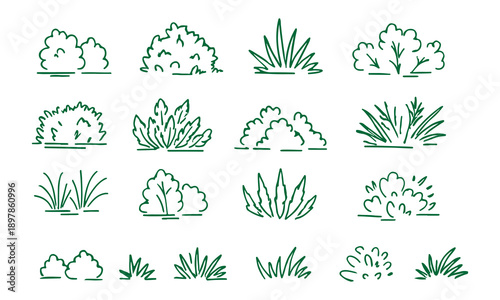Green Bush and Grass Vector Icons Set – Nature Shrubbery Elements Illustration
