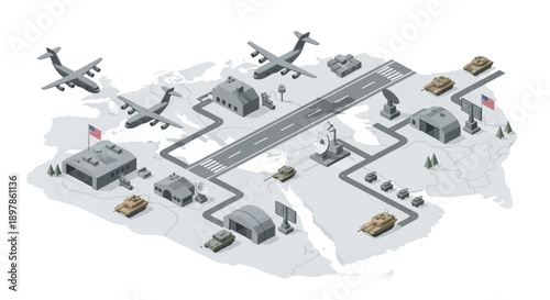 Isometric illustration of a military base with planes, tanks, and ships on a map, symbolizing US military escalation and buildup in the Middle East conflict.