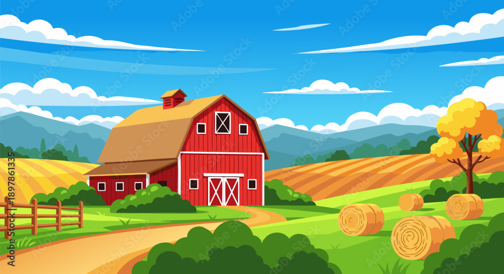 Naklejka premium Vibrant vector illustration of a red barn on a sunny farm with hay bales and rolling hills, beautiful rural landscape