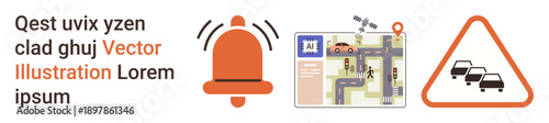 Road safety, traffic management, GPS navigation, travel alerts, urban planning, warning systems. Image of a map, alert icons and road signs. Road safety and traffic management concept