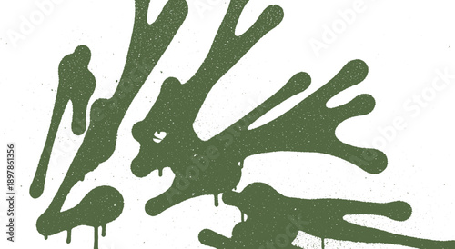 Abstract green paint splatters and drips on white background.