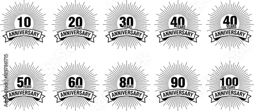 Anniversary Badges with Sunburst Rays for 10 to 100 Years illustration