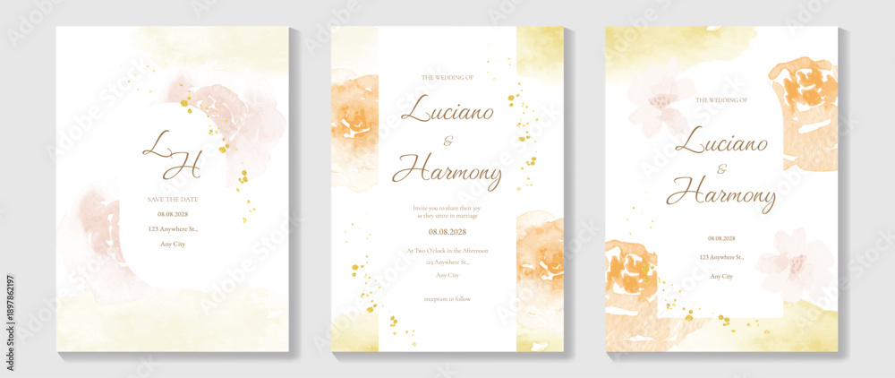Fototapeta premium watercolor floral wedding invitation vector set with yellow rose and modern artistic composition. Elegant design for wedding cards, gala invitations, events, posters and stationery.