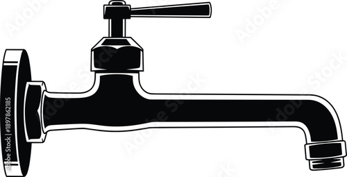 Black silhouette of a vintage outdoor water tap with a handle and flange Keywords: water tap, faucet, outdoor, vintage