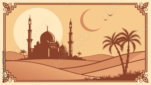 A serene illustration of a majestic mosque at dusk with golden sun and crescent moon in a desert landscape Vector