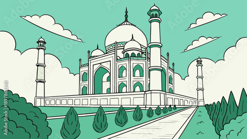 The majestic taj mahal illustrated with intricate architectural details in a serene landscape setting Vector