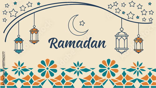 Celebrating the sacred month of ramadan with traditional lanterns, crescent moon, and vibrant floral patterns Vector