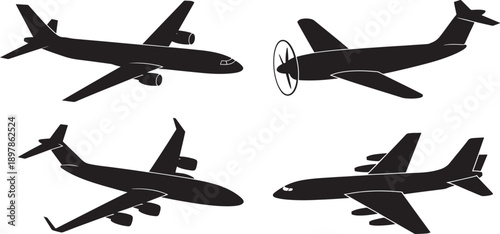 Four black airplanes on white background aircraft transportation travel desi