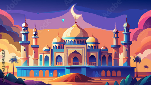 A vibrant illustration of a grand mosque with intricate architecture and a serene desert backdrop at sunset Vector