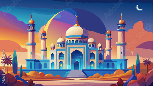 A vibrant digital illustration of a majestic mosque at sunset with stunning architectural grandeur Vector