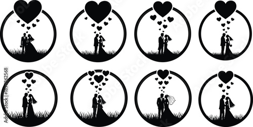Collection of wedding couple silhouette icons with hearts and grass love