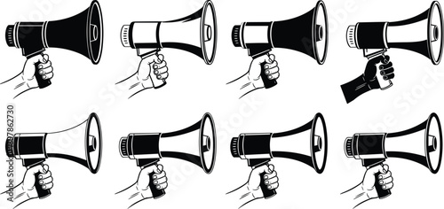 Hands holding megaphones in various styles and skin tones on white background speaking announcement
