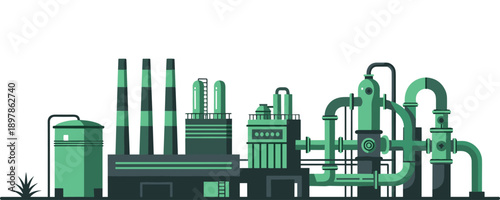 Industrial Factory Complex with Pipes and Smokestacks on White Background illustration