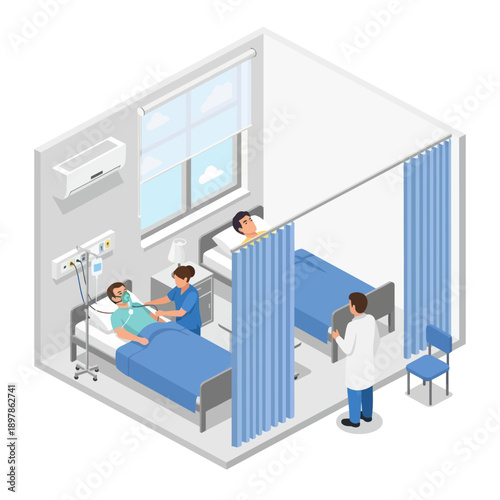 Hospital Room with Patients and Doctor.