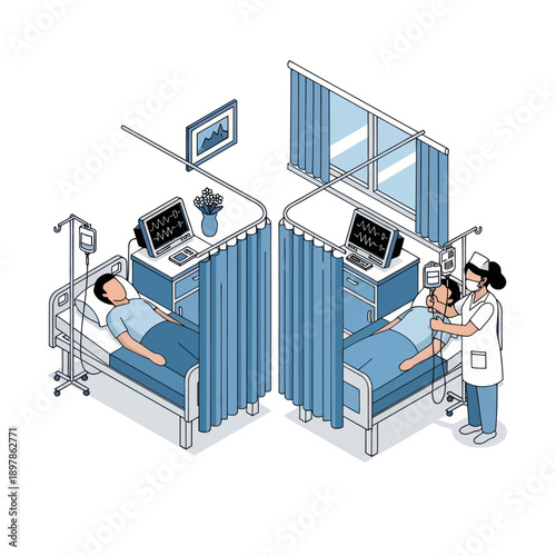Hospital Room with Patients and Medical Staff.