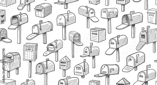 Artistic Illustration of Various Mailboxes in Repetitive Pattern for Creative Design Inspiration