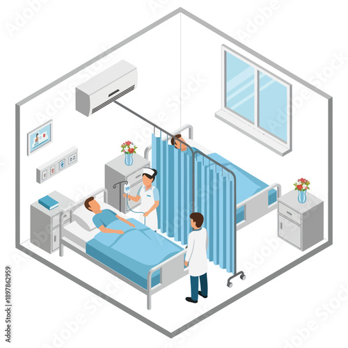 Hospital Room with Patients and Medical Staff.