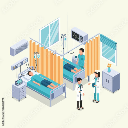 Hospital Ward with Patients and Medical Staff.