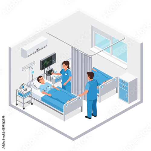 Hospital Room Scene with Medical Staff.