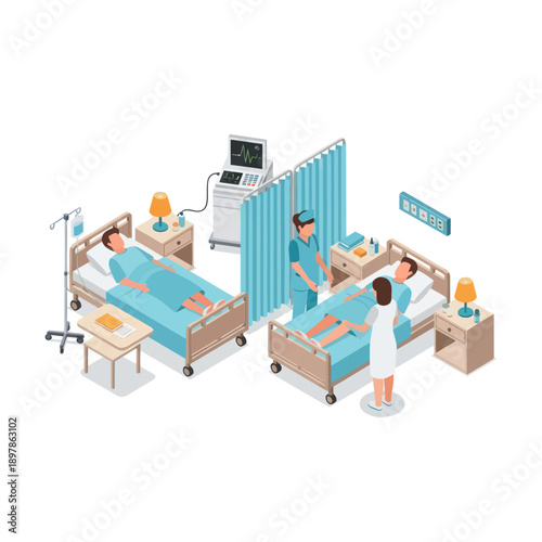 Hospital Ward with Patients and Medical Staff.