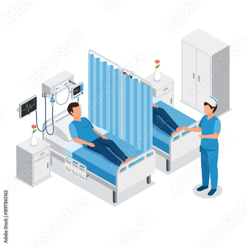 Hospital Ward with Patients and Medical Staff.