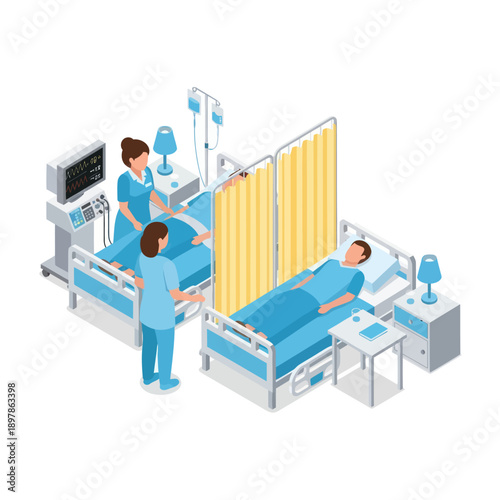 Hospital Room Scene with Medical Staff and Patient.