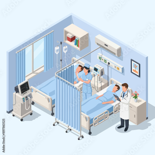 Hospital Room with Doctors and Patient.