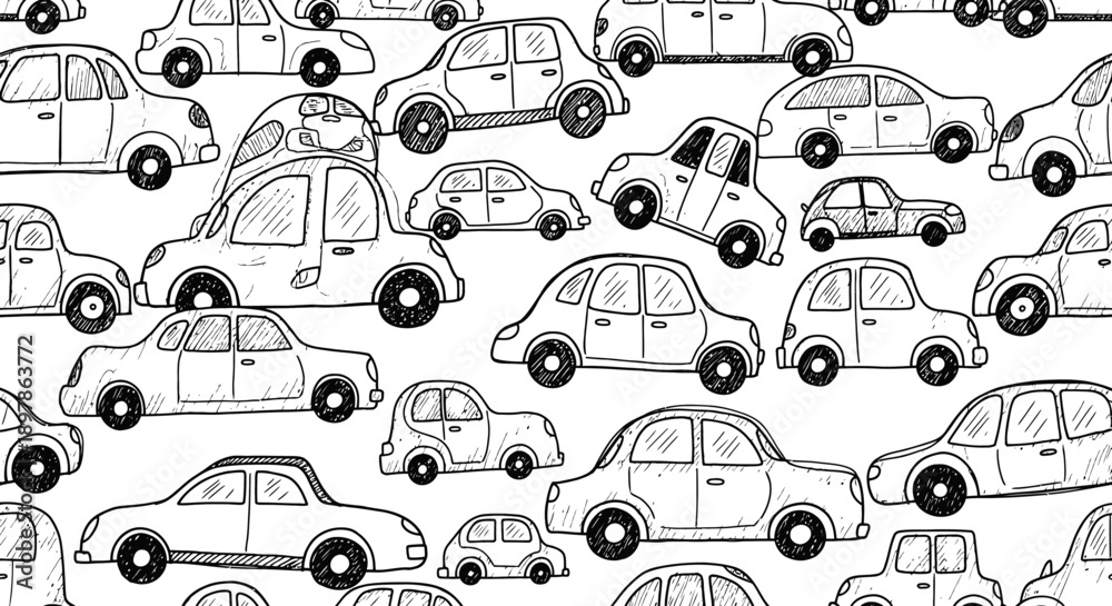 Fototapeta premium Busy Urban Scene, Cars, Cityscape, Illustration, Black and White, Aerial View, Traffic Concept