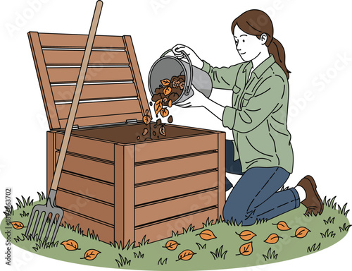 Woman adding organic waste to a wooden compost bin with a rake and fallen leaves Keywords: compost bin, composting, organic