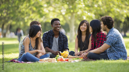 Young friends relaxing together during an outdoor picnic