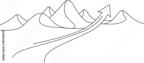 Minimalist black and white line art graphic depicting a curved upward arrow soaring over stylized desert sand dunes symbolizing growth and future achievement