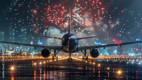 Airplane on the runway at night with colorful fireworks and city lights, celebrating travel and new beginnings.