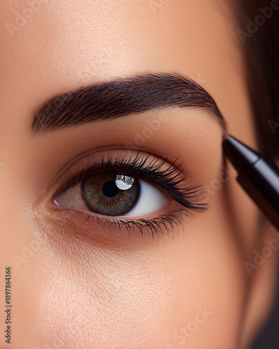 Defined eyebrow and eye makeup in a polished beauty close-up
