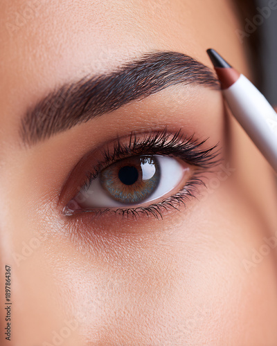 Precision eyebrow styling with cosmetic pencil in close-up