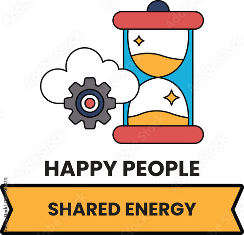 A clock with a gear on it and the words Happy People Shared Energy