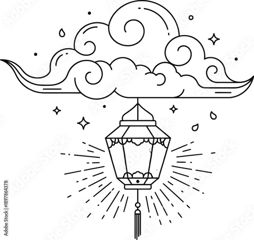 Stylized black and white line art drawing featuring a traditional illuminated lantern suspended delicately beneath a whimsical swirling cloud design.