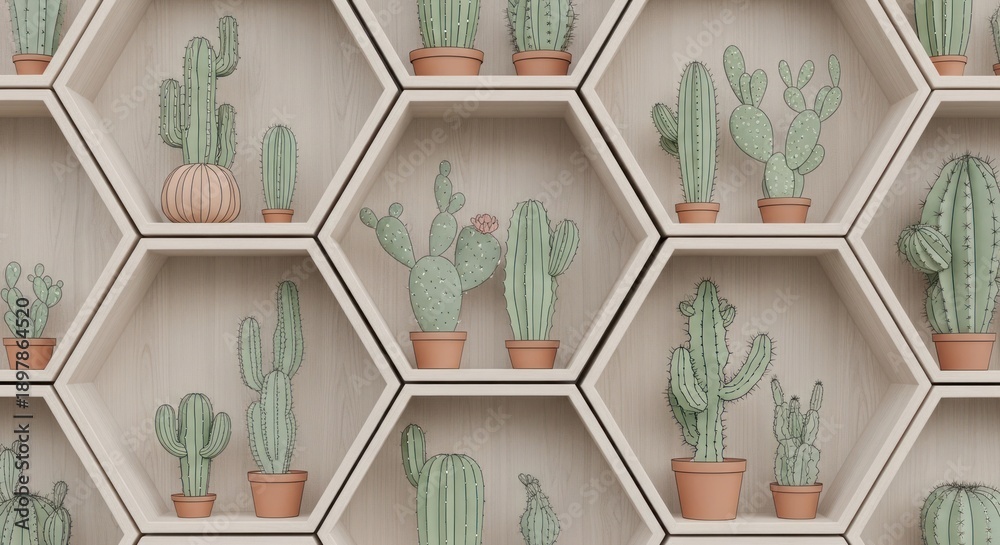 Obraz premium Cacti in pots arranged in hexagonal wooden shelving