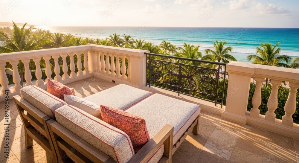 Fototapeta premium Balcony with sunbeds overlooks the ocean; palm trees in view, sunny