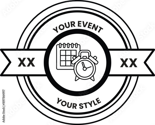 A white and black logo with a clock and calendar on it