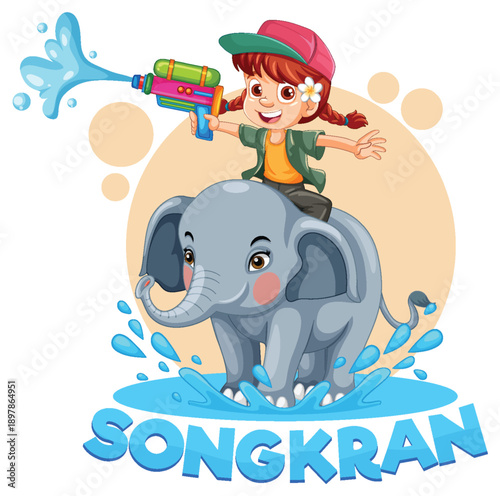 Cartoon Girl Riding Elephant and Spraying Water Gun for Songkran Festival
