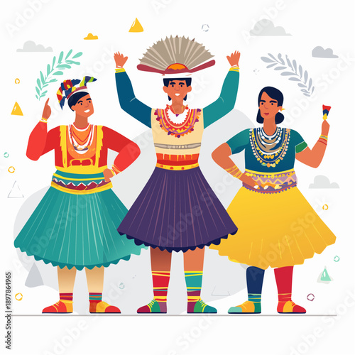 People in Traditional Ethnic Costumes, Flat Vector Illustration