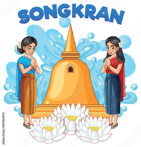 Thai Women in Traditional Dress Celebrating Songkran Festival with Golden Pagoda