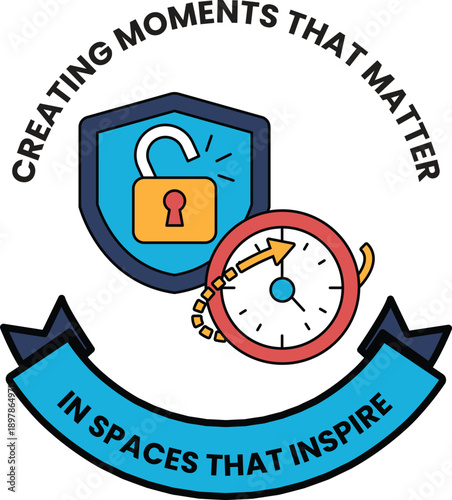 A blue and white logo with a clock and a lock