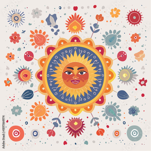 Colorful Illustration of a Smiling Sun Surrounded by Floral Elements