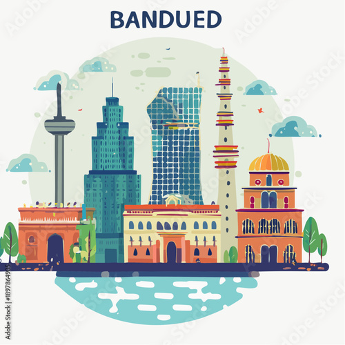 Bandued Cityscape Flat Vector Illustration of Buildings and Landmarks