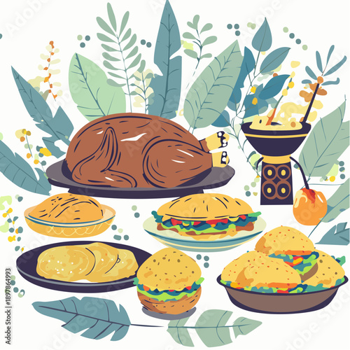 Flat Vector Illustration of a Festive Feast with Turkey and Burgers