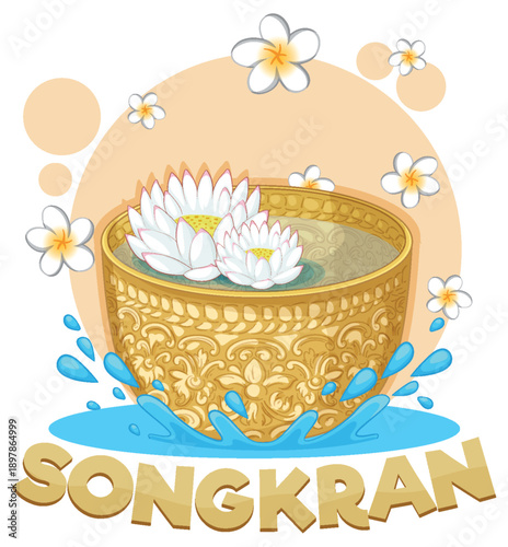 Traditional Thai Songkran Festival Illustration with Golden Water Bowl and Fl...