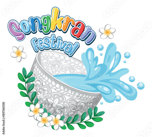 Songkran Festival Vector Illustration with Silver Water Bowl and Frangipani F...