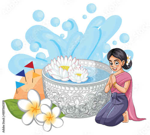 Thai Woman Kneeling with Silver Water Bowl for Songkran Festival Celebration
