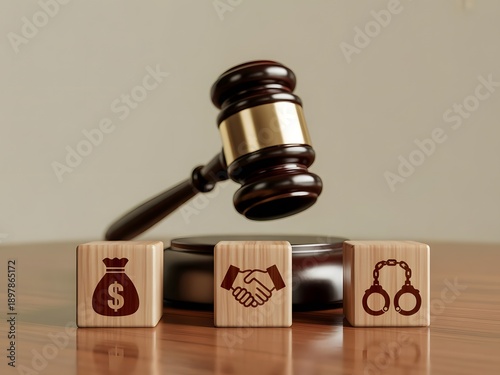 Judge Gavel Striking Corruption Icons on Wooden Blocks – Justice, Law Enforcement, Anti-Bribery Concept Background